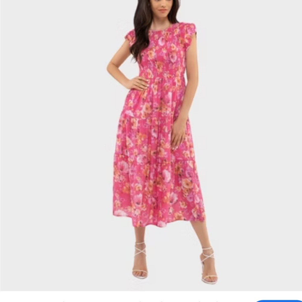 AUGUST SKY Chic Pink and White Midi Dress